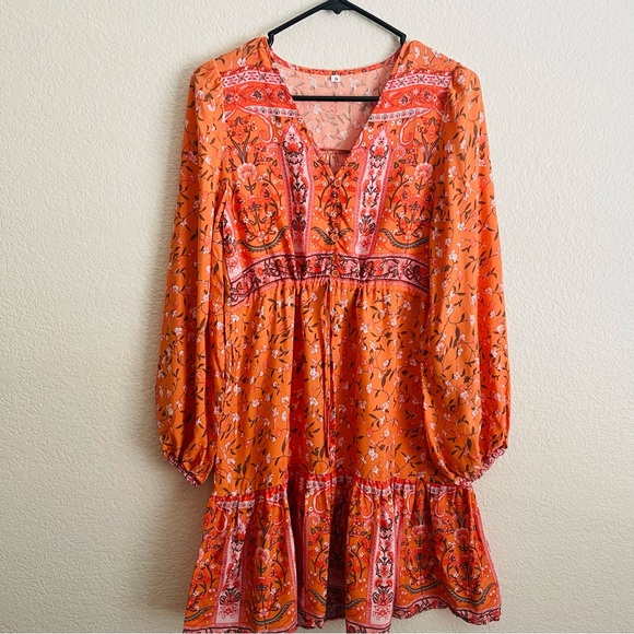 Boho Floral Print, Pleated V -Neck Lantern Sleeve Slim Waist Dress in Tangerine - Picture 6 of 11
